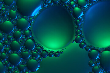 The essence drops onto the neon green background, forming two large bubbles, surrounded by countless other tiny bubbles clinging to the edges. Close-up of molecules in a cosmetic essence.