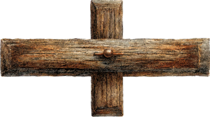 An old roughly hewn wooden cross with a rugged time worn appearance standing as a symbolic representation of Christian religious faith and devotion