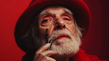 An elderly man demonstrates a makeup tutorial effectively breaking stereotypes surrounding cosmetics. He uses bold colors while showcasing his personality in a vibrant setting