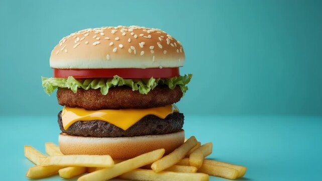 Double cheeseburger with fries as a takeaway lunch on the turquoise background. Classic fast food meal from a restaurant menu. f