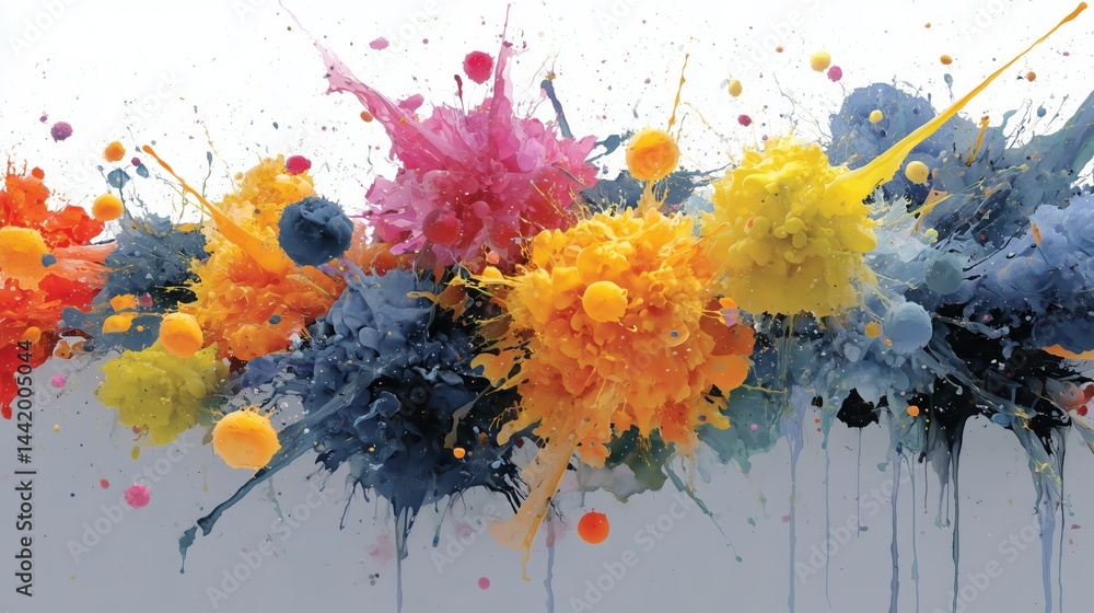 Poster vibrant splashes of color creating an abstract explosion effect. vibrant virus designs.