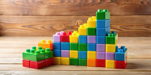 Obraz premium Colorful plastic building blocks stacked high on a wooden table , blocks, childhood