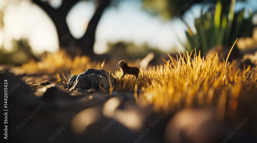 Poster Desert scene with a small lizard resting on golden grass under a large tree with blurred background and natural sunlight creating warm tones and serene atmosphere