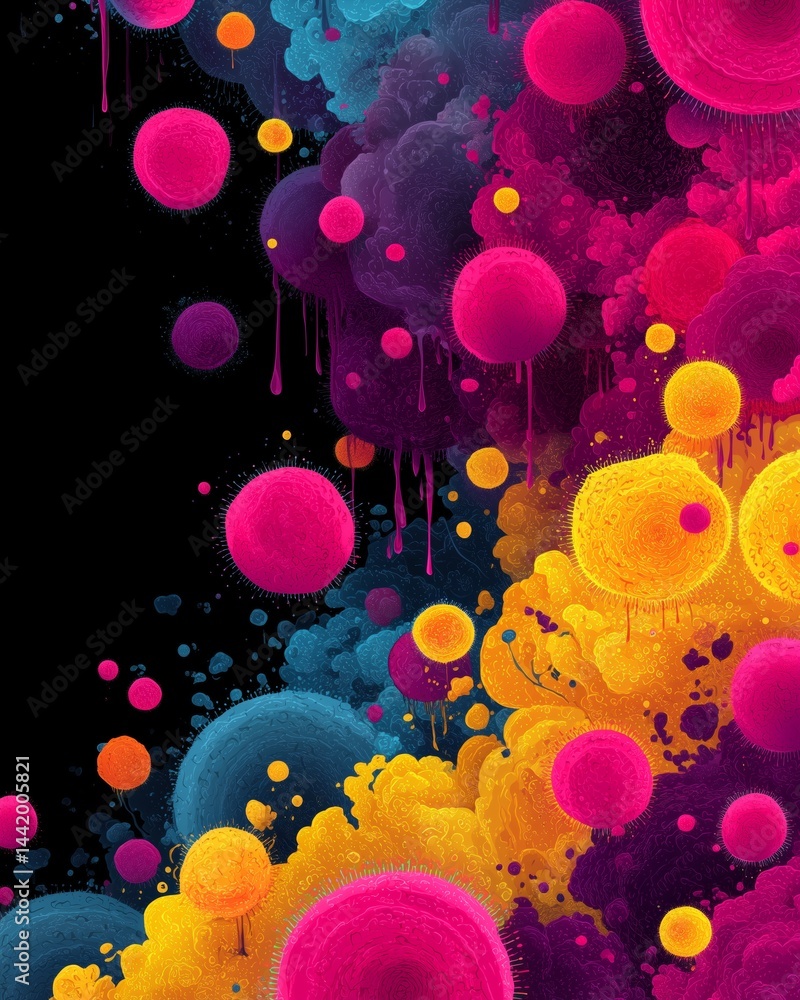 Poster vibrant abstract virus design with colorful circles and splashes on black background. vibrant virus 