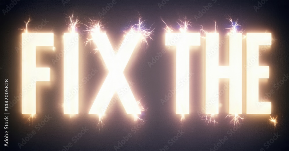 Poster bright text reads fix the with electric sparks surrounding each letter. dramatic lighting creates in