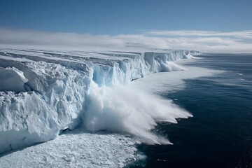 A massive glacier calving into the ocean, demonstrating the power of nature and climate change's impact on polar regions.
