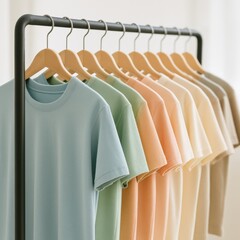 A modern, minimalist clothing rack filled with stylish, soft pastel-colored t-shirts, hanging neatly in a close-up shot.