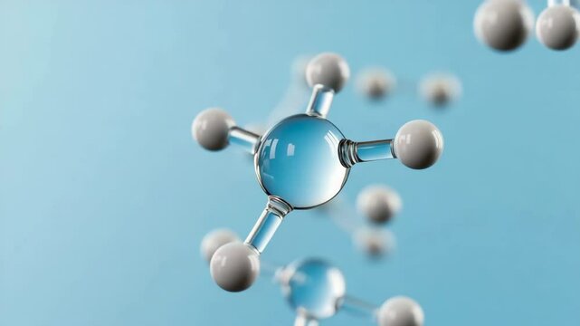 A molecule is shown in a glass container with a blue liquid. The molecule is surrounded by many small spheres, which are also in the container. Concept of scientific exploration and discovery