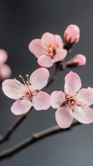 Delicate pink cherry blossom flowers on a dark background with detailed petals and vibrant yellow stamen, showcasing natural beauty and sptime blooming season