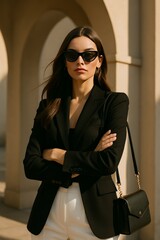 A stylish woman with long hair, wearing black sunglasses, a chic black blazer, and white high-waisted pants, standing confidently against an archway with warm sunlight casting soft shadows.