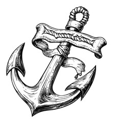 Detailed Black and White Engraving of an Anchor with a Ribbon