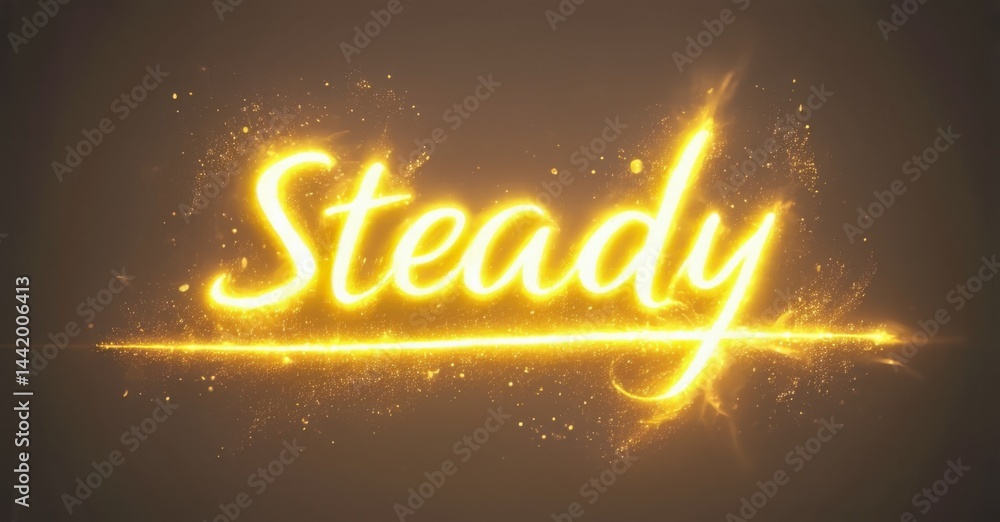 Fototapete Bright yellow text reads Steady with glowing particles. Horizontal line below word adds visual emphasis. Warm brown background present.