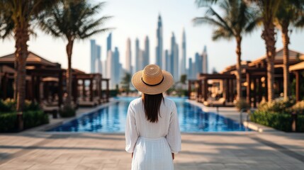 Fototapeta premium Woman in elegant white dress and wide-brim hat standing by luxurious pool overlooking futuristic city skyline with skyscrapers and palm trees du sunny day