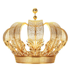 A magnificent golden crown showcasing elaborate carvings and sparkling accents.