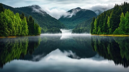 Serene mountain landscape with lush green trees surrounding a calm reflective lake under misty cloudy sky du daytime