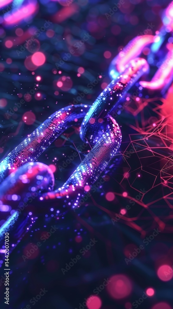 Poster colorful digital chain links surrounded by glowing particles in an abstract network setting