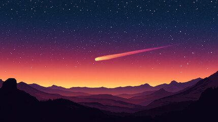 Stunning night sky scene with vibrant sunset colors high mountain silhouette and a bright comet streaking across a starry sky over rugged landscape