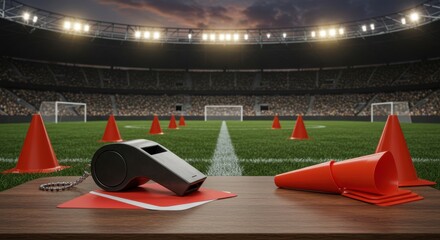 Night Football Stadium Referee Whistle and Red Card on Table