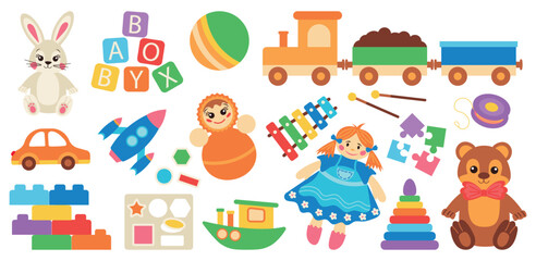Set with children's toys and musical instrument, toy transport on white background.
