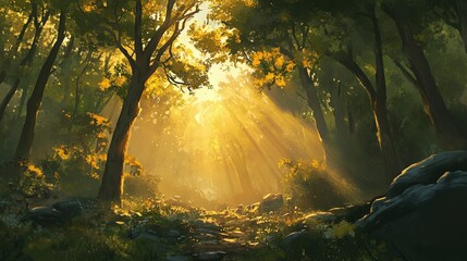 Golden sunlight streaming through lush green forest trees ray art path calm dark woods beams rocks