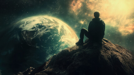 Fototapeta premium Peaceful person sitting on a rocky hilltop gazing at a glowing earth from space du sunrise or sunset with cosmic sky in the background