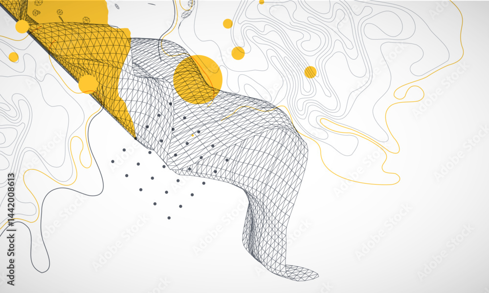 Poster Template for science and technology presentation. Wireframe waves. Plexus style background.