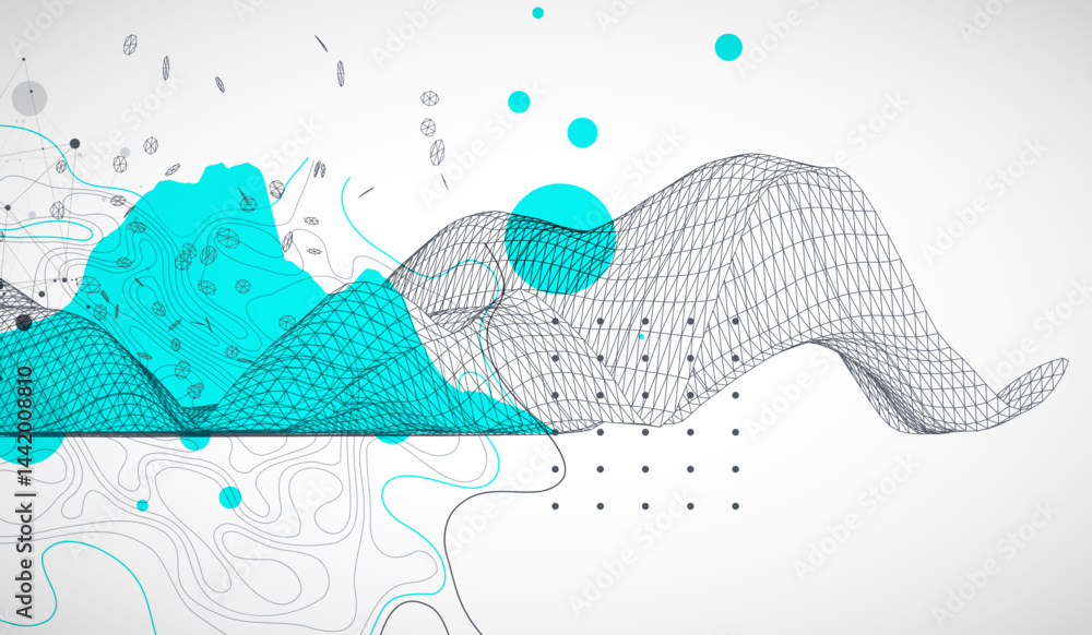 Poster Template for science and technology presentation. Wireframe waves. Plexus style background.