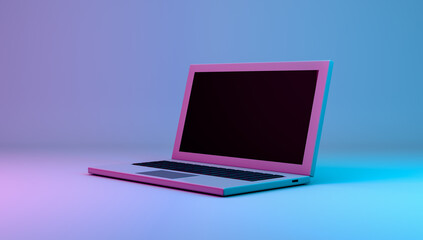 3D rendering, Realistic computer laptop mock up with neon blue and pink color, technology equipment design, empty space for copy, side view, neon light colors background.