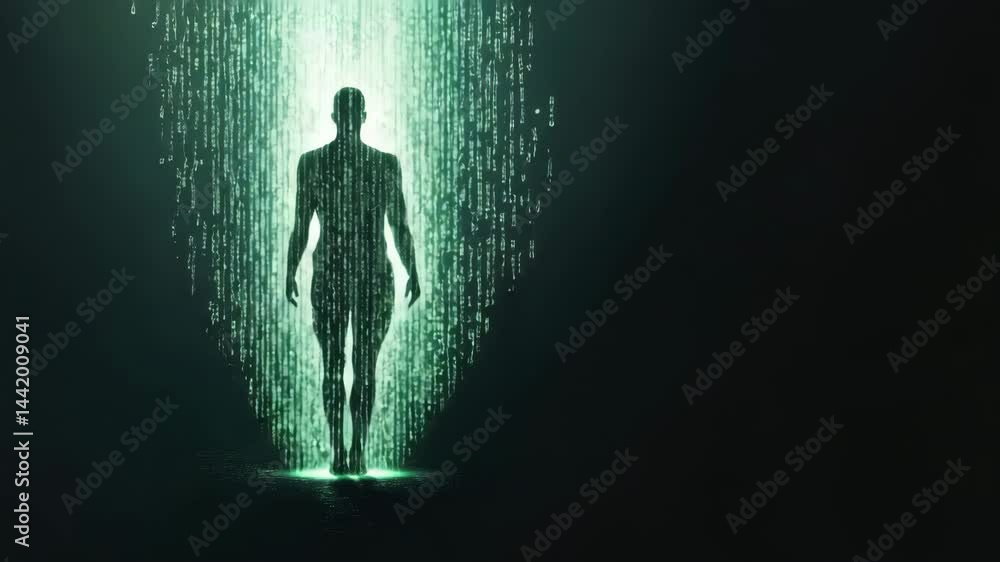 Poster abstract representation of a digital figure emerging from binary code