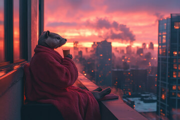 Cat in red robe sitting on ledge.