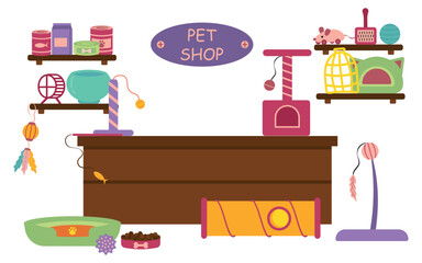 Fototapeta premium Pet shop. Vector illustration of a pet store with shelves, food, accessories, aquarium, bird cage