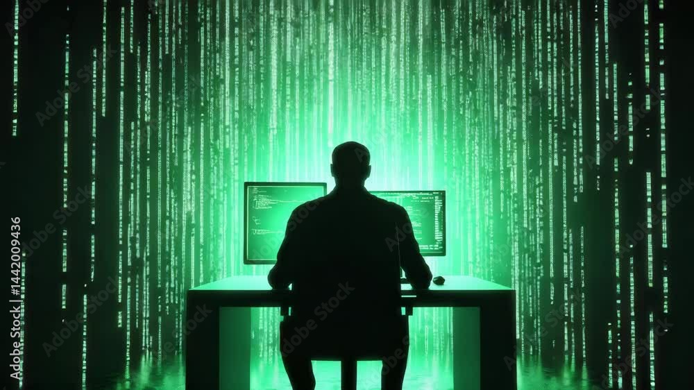 Poster digital hacker in dark room with code and green matrix effect