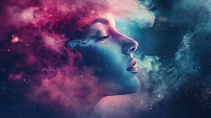 Surreal artistic portrait of a woman's face blended with vibrant colorful nebula clouds and starry sky, creating a dreamy cosmic fantasy atmosphere