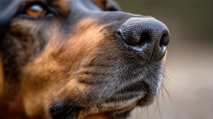 A close-up of a dog’s nose captures its rich texture and tiny details, radiating curiosity and playfulness.

