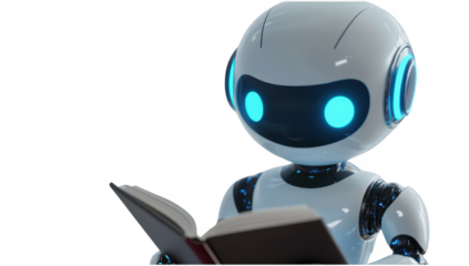 PNG robot reading book no bg mockup AI learning concept using for decoration.