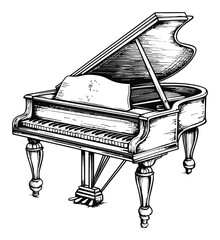Detailed Engraving of a Grand Piano with Open Lid and Elegant Design
