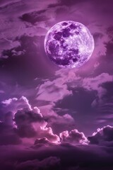 Fototapeta premium Vibrant lavender moon illuminates the night sky filled with wispy clouds in a serene cosmic display