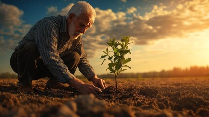Fototapeta premium An elderly man is carefully planting a young tree sapling in a barren field, embodying hope and dedication to reforestation efforts. The sun sets in the background, enhancing the scene's beauty