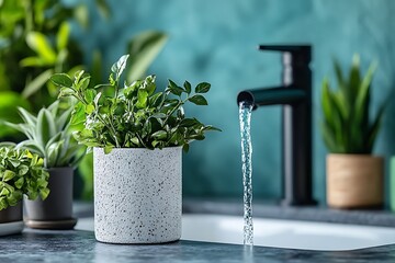 Potted plants near a water faucet
