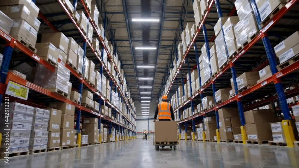 Aufkleber workers navigating a large warehouse with packages and pallets in a busy distribution center