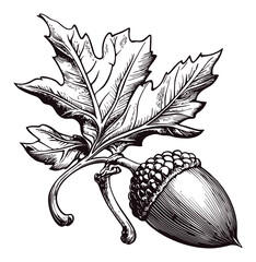 Detailed Black and White Engraving of Acorn and Oak Leaf