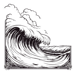 Detailed Black and White Engraving of a Powerful Ocean Wave