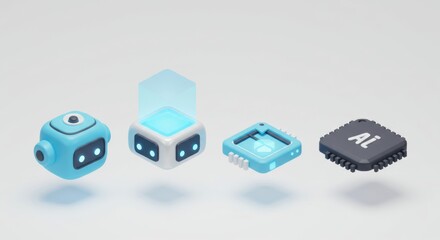 AI Evolution: Cute Robot, Quantum Server, Circuitry, and Processor on Light Background.
