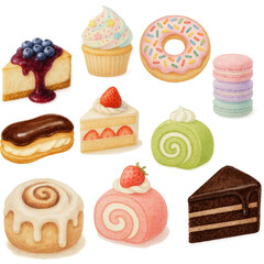 Watercolor Set of Assorted Desserts Including Cake Slices, Cupcake, Donut, Macarons, Eclair, Cinnamon Roll, and Swiss Rolls
