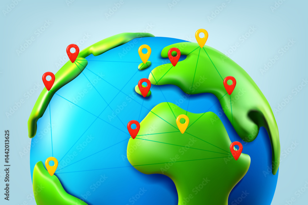 Aufkleber world network abstract scheme on world map with pinsю 3d vector illustration