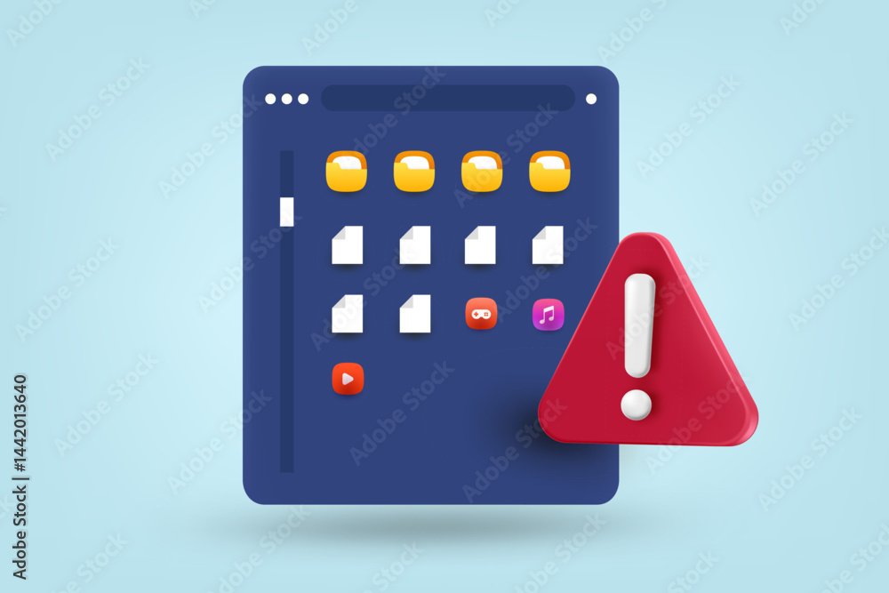 Poster interface window with red exclamation sign. 3d vector illustration