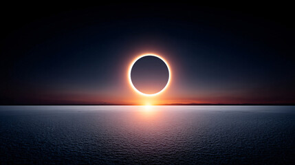 Obraz premium Solar eclipse over calm water at sunset with dramatic sky and glowing horizon creating peaceful and awe inspiring natural scene