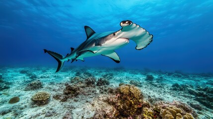Stunning underwater camera shot of a sleek shark swimming above vibrant coral reef in clear blue ocean with detailed rocks and marine environment in the background