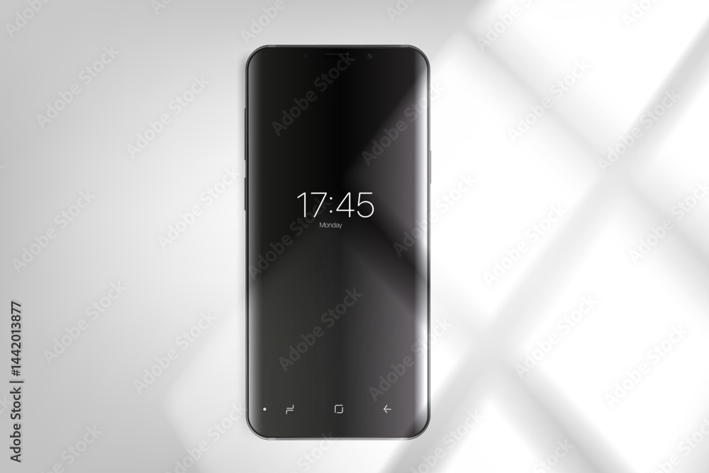 Poster Modern smartphone on bright background with window light. 3d vector mockup