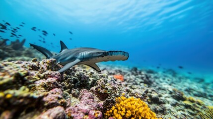 Obraz premium Underwater scene featu a sleek shark swimming over colorful coral reef with diverse marine life in clear blue ocean water